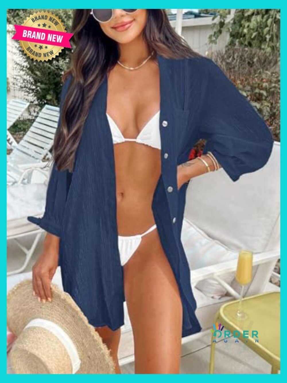 Button Down Beach Cover Up Shirt Dress Casual V Neck with Pockets - Picture 2 of 5